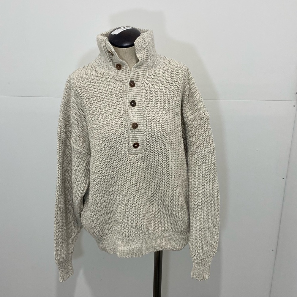 VTG Men's Alps Chunky Knit Cotton Henley Sweater Beige/Oatmeal Size Large